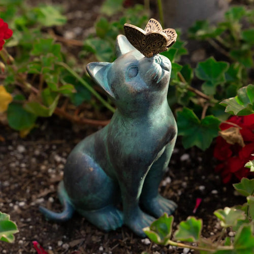 Curious cat with butterfly statue